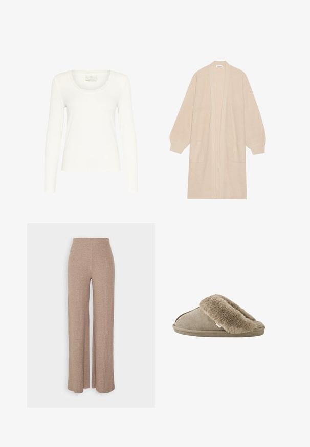 Largo cárdigan de punto beige con frente abierto, dos bolsillos frontales y puños y dobladillo acanalados.; Top de manga larga blanco hecho de tejido acanalado, con un escote festoneado y diseño ajustado. La etiqueta dice "KAFFE". Textura suave.; Pantalones de pierna ancha de canalé en color beige con una cinturilla alta y textura suave, que presentan un corte holgado y sin cierres visibles.; Zapatilla beige sin talón con forro interior de suave piel sintética alrededor de la abertura y suela exterior con apariencia de ante.