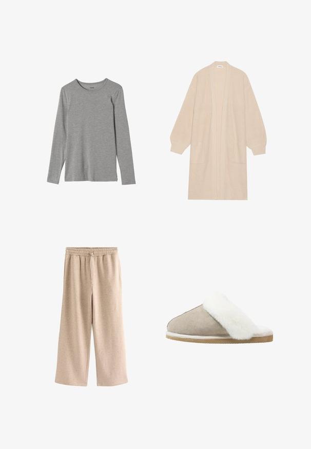 Largo cárdigan de punto beige con frente abierto, dos bolsillos frontales y puños y dobladillo acanalados.; Camiseta de manga larga gris hecha de tejido suave, con cuello redondo y corte recto; textura lisa sin patrones ni adornos.; Pantalones beige de pierna ancha con cintura elástica y cordón, hechos de una tela suave y moteada.; Zapatilla de ante tipo slip-on en beige claro con una banda de piel de peluche blanca en la parte superior, que cuenta con una suela texturizada para mayor agarre y comodidad.