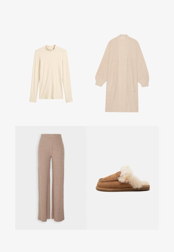 Lang beige strik cardigan med åben front, to frontlommer og ribbede manchetter og kant.; Cremefarvet langærmet strikket top med høj hals, enkel design og synlig varemærkeetiket indeni halsudskæringen.; Beige ribbede vide bukser med høj talje og blød tekstur, der har en løs pasform og ingen synlige lukninger.; Brun ruskind slip-on tøffel med blød cremefarvet pelsforing og kant, flad sål, vist fra siden mod en hvid baggrund.
