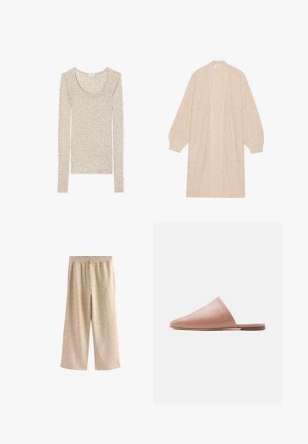 Langer beiger Strickcardigan mit offener Vorderseite, zwei vorderen Taschen und gerippten Bündchen und Saum.; Langärmliges Oberteil in hellbeige mit Rundhalsausschnitt und weichem, glattem Stoff, entworfen für eine figurbetonte Passform.; Cremefarbene Schlaghosen aus einem weichen Baumwollmix. Sie verfügen über einen elastischen Bund mit Kordelzug und einer dezenten gesprenkelten Textur.; Beige Leder-Mule ohne Ferse mit spitzer Spitze und flacher Sohle, im Seitenprofil vor hellem, einfarbigem Hintergrund dargestellt.