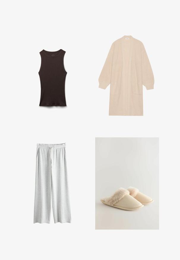Lang beige strik cardigan med åben front, to frontlommer og ribbede manchetter og kant.; Ærmeløs sort ribstrikket tanktop med rund halsudskæring, vist liggende fladt på en hvid baggrund.; Lys grå brede sweatpants lavet af blødt stof, med en elastisk talje og snoretræk, samt to sidelommer.; Beige hjemmesko med en blød pelskant, afrundet tådesign og struktureret stof. Sålen er flad og fleksibel.