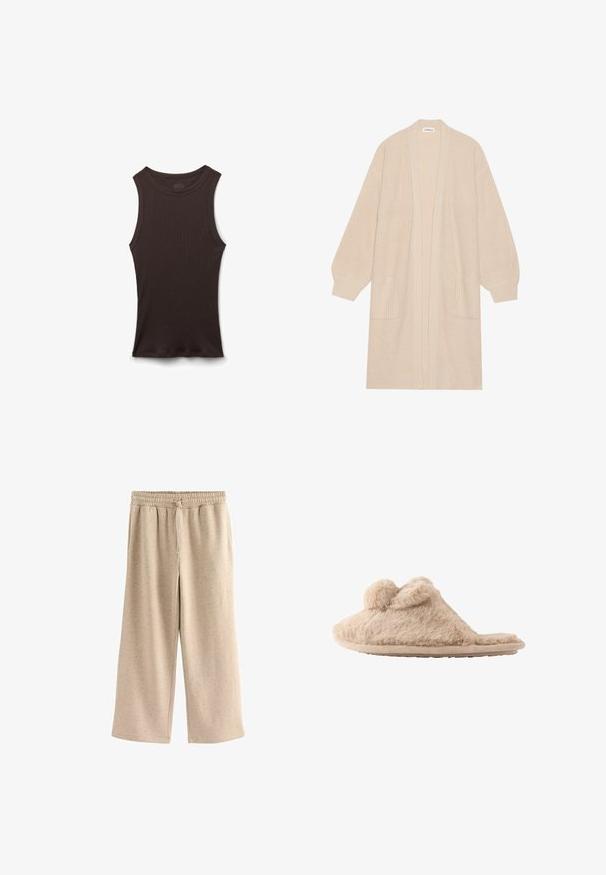 Lange beige gebreide cardigan met open voorkant, twee voorzakken en geribde manchetten en zoom.; Zwart geribd mouwloos hemdje met een ronde halslijn, plat liggend weergegeven op een witte achtergrond.; Beige wijde broek gemaakt van zachte stof, met een elastische tailleband met een trekkoord en een subtiele gespikkelde textuur.; Beige, pluizige instapslof met twee pompons bovenop en een platte zool, ontworpen voor binnenshuis gebruik.
