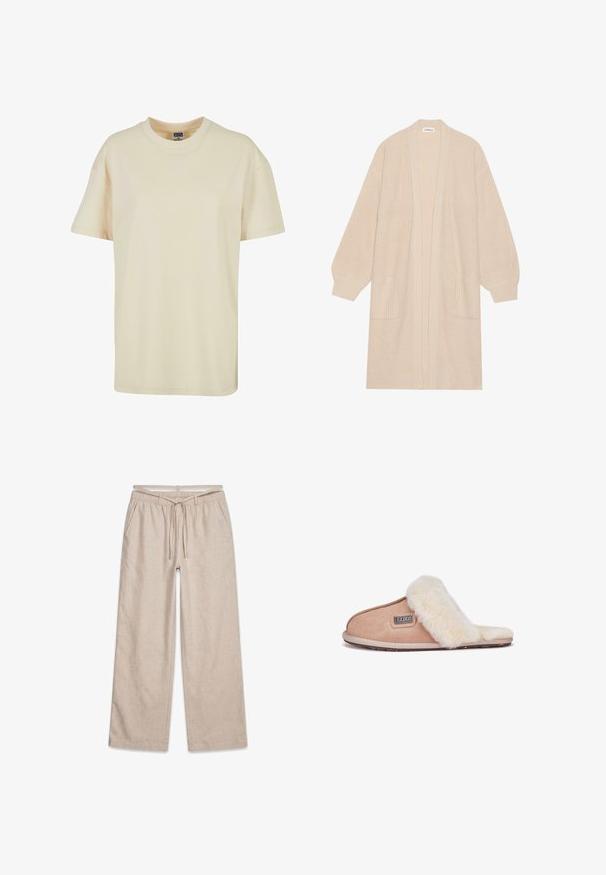 Long cardigan beige en tricot avec un devant ouvert, deux poches avant et des poignets et un ourlet côtelés.; T-shirt à col rond de couleur crème en coton doux. Il présente des manches courtes et une coupe décontractée, sans motifs ni accents visibles.; Pantalon beige à jambes larges avec taille élastique et cordon, poches avant et petit logo "PEGADOR" sur le côté droit.; Chausson en daim beige avec une douce doublure en fourrure blanche, design à bout ouvert, semelle plate et une petite étiquette de marque sur le côté.