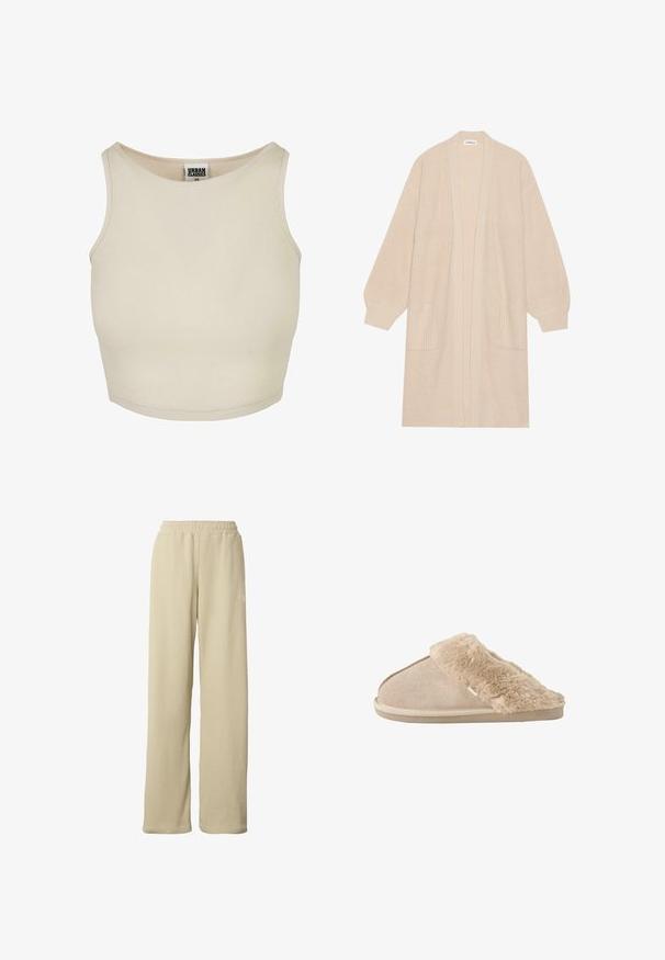 Lang beige strik cardigan med åben front, to frontlommer og ribbede manchetter og kant.; Beige ribbet crop top med rund halsudskæring og ærmeløs design. Har en ensfarvet tekstur og en diskret mærkeetiket inde i halsen.; Beige ribstrikkede bukser med vidde ben, elastisk taljebånd og diskret lille hvidt logo på den øverste del af låret.; Beige slip-on tøfler med blødt ruskind yderside og blødt, fluffy inderfor og manchet, designet til komfort indendørs.