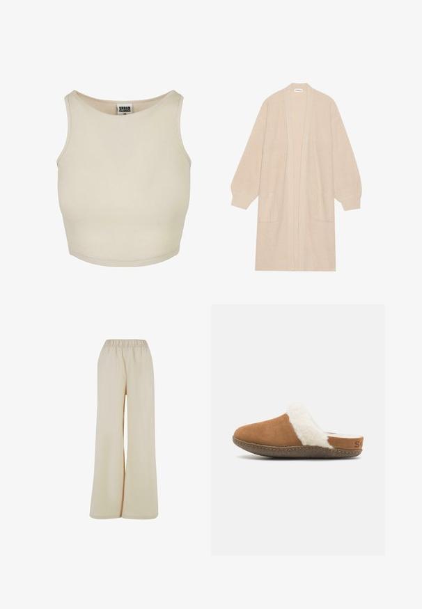 Long cardigan beige en tricot avec un devant ouvert, deux poches avant et des poignets et un ourlet côtelés.; Top crop beige à côtes avec un col rond et une coupe sans manches. Présente une texture unie et une étiquette de marque discrète à l'intérieur du col.; Pantalons larges beige clair avec une taille élastique. Tissu lisse et doux avec une coupe ample, sans motifs ni accents visibles.; Chausson en suède marron à enfiler avec une doublure blanche duveteuse et une semelle texturée. Présente un bord cousu et un petit détail de marque sur le talon.