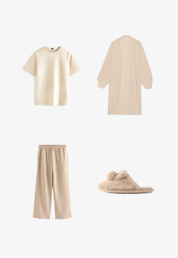 Largo cárdigan de punto beige con frente abierto, dos bolsillos frontales y puños y dobladillo acanalados.; Camiseta de manga corta beige hecha de algodón suave, con un escote redondo y un corte relajado con una textura sutil.; Pantalones de pierna ancha beige fabricados con una tela suave, con una cinturilla elástica y cordones, y una sutil textura moteada en toda su superficie.; Zapatilla beige y peluda que se pone deslizando, con dos pompones en la parte superior y suela plana, diseñada para uso en interiores.