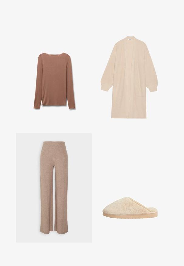 Largo cárdigan de punto beige con frente abierto, dos bolsillos frontales y puños y dobladillo acanalados.; Camiseta de manga larga color marrón claro con cuello redondo, de textura simple y lisa, mostrada extendida sobre un fondo blanco.; Pantalones de pierna ancha de canalé en color beige con una cinturilla alta y textura suave, que presentan un corte holgado y sin cierres visibles.; Zapatillas de pelo beige con forma redondeada, parte superior texturizada y suela de goma ligera y plana. Presentan un delicado detalle de encaje a lo largo del borde.