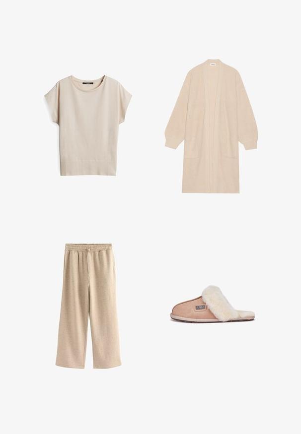 Langer beiger Strickcardigan mit offener Vorderseite, zwei vorderen Taschen und gerippten Bündchen und Saum.; Beige T-Shirt mit kurzen Ärmeln aus weichem, strukturiertem Stoff. Verfügt über einen runden Ausschnitt und einen gerippten Saum, mit einer lässigen Passform.; Beige weite Hosen aus weichem Stoff, mit einem elastischen Bund und Kordelzug, sowie einer subtilen gesprenkelten Textur.; Beige Suede Slipper mit einem weichen weißen Fellfutter, offenes Zehendesign, flache Sohle und einem kleinen Markenetikett an der Seite.