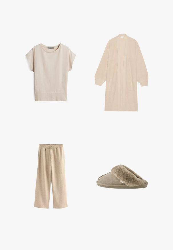 Lange beige gebreide cardigan met open voorkant, twee voorzakken en geribde manchetten en zoom.; Korte mouwen beige top gemaakt van zachte, gestructureerde stof. Heeft een ronde halslijn en een ribbelsrand, met een ontspannen pasvorm.; Crème-kleurige wijde broek gemaakt van een zachte katoenmix. Heeft een elastische tailleband met trekkoord en een subtiele gespikkelde textuur.; Beige instapslof met zachte, pluche bontvoering rond de opening en een suède-achtige buitenzool.