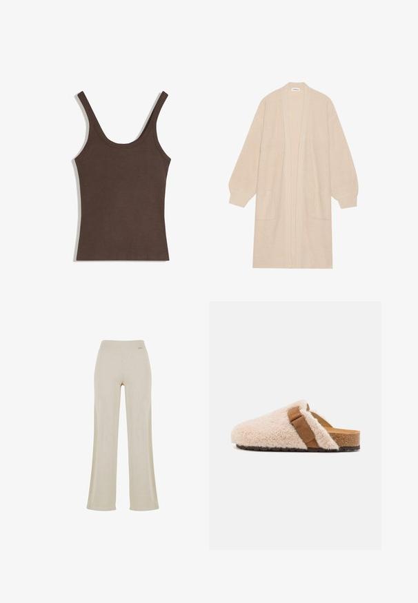 Long cardigan beige en tricot avec un devant ouvert, deux poches avant et des poignets et un ourlet côtelés.; Débardeur femme en maille côtelée marron avec larges bretelles et encolure dégagée, posé à plat sur fond blanc.; Pantalons larges beige avec une texture en ribbed lisse, taille élastique et sans ornements visibles, offrant une silhouette décontractée.; Sabots en shearling beige à enfiler avec une sangle en daim marron, semelle en liège et semelle extérieure en caoutchouc texturé, conçus pour le confort et le port décontracté.