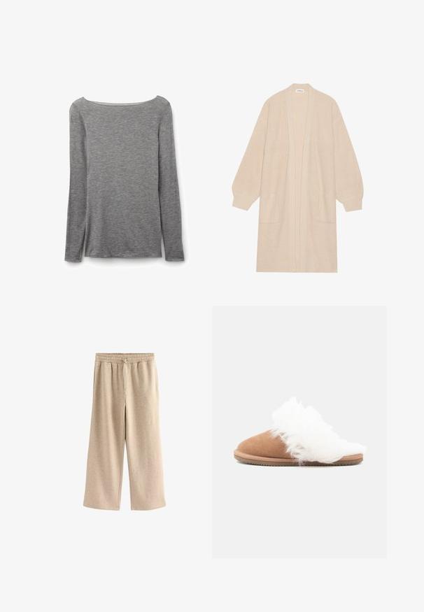 Lang beige strik cardigan med åben front, to frontlommer og ribbede manchetter og kant.; Grå tætsiddende top med lange ærmer og bred bådudskæring, lavet af blødt, let strikstof.; Cremefarvede breddebenede bukser lavet af blødt bomuldsblandingsstof. Har en elastisk talje med snor og en subtil plettet tekstur.; Brune ruskinds slippers med hvid fluffy pelsforing og skridsikker sål, vist i sideprofil på hvid baggrund.