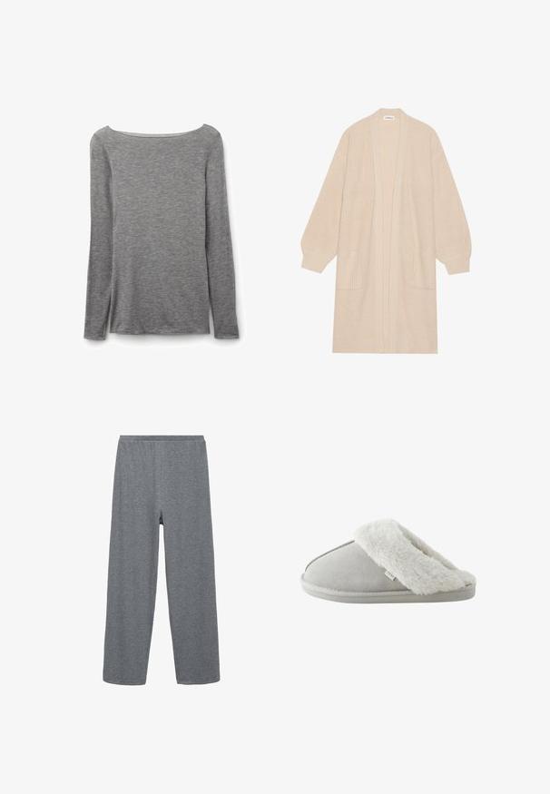 Lange beige gebreide cardigan met open voorkant, twee voorzakken en geribde manchetten en zoom.; Grijze nauwsluitende top met lange mouwen en een brede boothals, gemaakt van zachte, lichte gebreide stof.; Grijze, katoenen wijde broek met een elastische tailleband, met een gladde textuur en een eenvoudig, ongecompliceerd ontwerp.; Lichtgrijze instappantoffel met zachte witte nepbonten voering en zool met label "NEXT,", gezien vanaf de zijkant tegen een witte achtergrond.