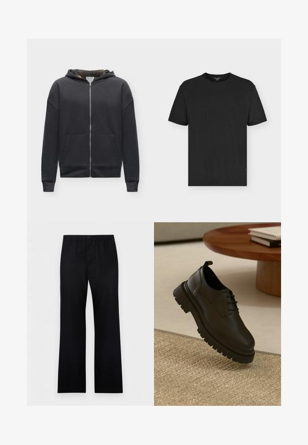 Sweat à capuche noir zippé intégral avec poches avant et capuche doublée à carreaux, présenté sur un fond clair uni.; T-shirt noir en coton à manches courtes et col rond avec une petite étiquette de marque à l'intérieur de l'encolure et une étiquette latérale.; Pantalon noir à jambes droites avec une ceinture élastique, une fermeture à bouton, et un tissu simple et lisse.; Chaussure en cuir noir avec une surface texturée, bout rond, design à lacets et semelle en caoutchouc noir épaisse. Flottant au-dessus d'un tapis tissé.