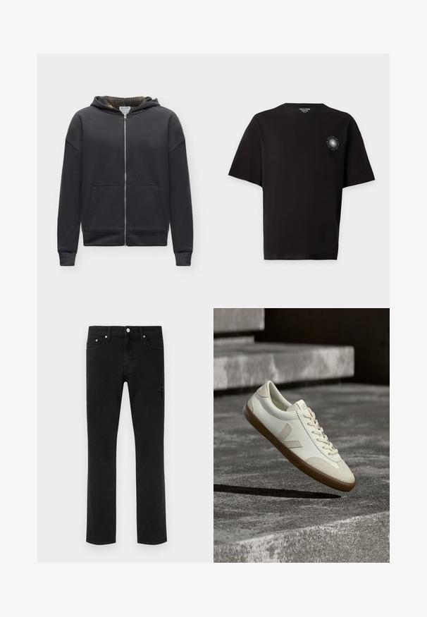 Sweat à capuche noir zippé intégral avec poches avant et capuche doublée à carreaux, présenté sur un fond clair uni.; T-shirt noir à manches courtes avec un petit motif circulaire blanc de rayons de soleil sur la poitrine gauche et un col rond.; Jeans noirs à jambes droites avec cinq poches et des détails délicatement usés sur un fond clair uni.; Baskets en cuir blanc avec semelle en caoutchouc beige, lacets plats et accent en forme de V sur le côté. Présentent une surface lisse et peu de détails de couture.