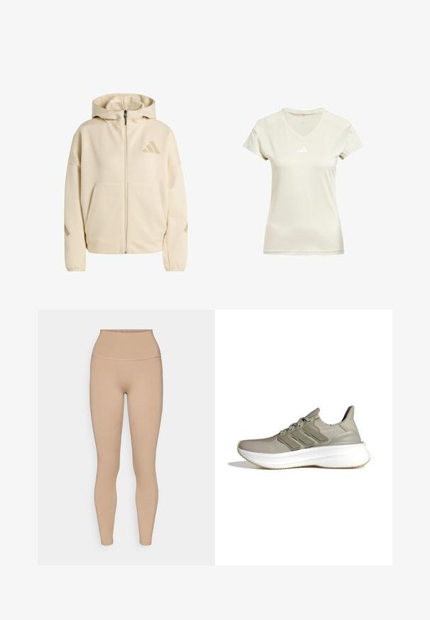 Beige zip-up capuchonvest met lange mouwen, elastische manchetten, voorzakken en een subtiel logo op de borst en mouwen.; V-hals sportshirt van lichtbeige stof, korte mouwen, met een wit Adidas-logo op de borst en een gemêleerd accent langs de halslijn.; adidas Performance ALL ME SCULPT - Tights - chalky brown; Lichtgrijze sportschoenen met een bovenwerk van mesh, drie horizontale strepen, een gepolsterde kraag en een witte gestructureerde tussenzool. Rubberen buitenzool.