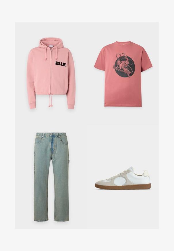 Φωτεινό ροζ cropped hoodie με μπροστινό φερμουάρ, κορδόνι και δύο μπροστινές τσέπες. Διαθέτει μαύρη φουντωτή επιγραφή "BLUE" και κρυστάλλους.; Ροζ κοντομάνικη μπλούζα με μαύρο γραφικό του Spider-Man που σκαρφαλώνει και ρίχνει ιστό μέσα σε μαύρο κύκλο στο στήθος.; Γαλάζια, άνετα τζιν με πέντε τσέπες, κλείσιμο με κουμπί και ορατές ραφές. Το ύφασμα έχει ξεθωριασμένη, υφής εμφάνιση.; Χαμηλού προφίλ απλή αθλητική μπάλα με λευκό δερμάτινο πάνω μέρος, ανοιχτό μπεζ σουέτ λεπτομέρειες, στρογγυλή μύτη, λευκά κορδόνια και σόλα από καουτσούκ.