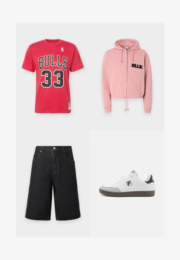 Φωτεινό ροζ cropped hoodie με μπροστινό φερμουάρ, κορδόνι και δύο μπροστινές τσέπες. Διαθέτει μαύρη φουντωτή επιγραφή "BLUE" και κρυστάλλους.; Κόκκινο κοντομάνικο μπλουζάκι με τη λέξη BULLS, τον αριθμό 33 με μεγάλα μαύρα και λευκά γράμματα, και ένα μικρό λογότυπο NBA κοντά στον γιακά.; Μαύρα τζιν σορτς με άνετη εφαρμογή, που διαθέτουν δύο μπροστινές τσέπες και κλείσιμο με κουμπί. Casual στιλ με λεία υφή.; Λευκά αθλητικά παπούτσια με γκρι λεπτομέρειες, με λείο δερμάτινο επάνω μέρος, στρογγυλή μύτη, παχιά καφέ ελαστική σόλα και μαύρο λογότυπο στη φτέρνα.