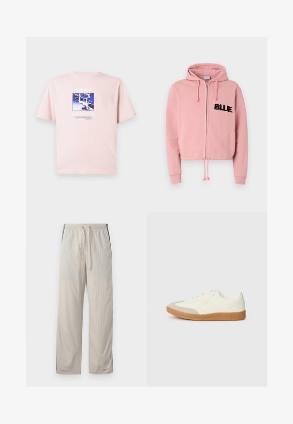 Lichtroze cropped hoodie met een voorrits, een trekkoord en twee voorkraagzakken. Bevat zwarte pluizige "BLUE" lettering en studs.; Lichtroze t-shirt met blauwe en witte grafiek van een besneeuwde boom en kraanvogels, met de tekst "HOKUSAI" en details van de kunstenaar eronder.; Beige, lichte joggingsbroek met een elastische tailleband, voorzien van donkere zijpanelen en een losse, rechte pasvorm.; Schoen gemaakt van wit leer met een beige teenkap en een lichtbruine rubberen zool. Voorzien van platte witte veters en reliëfbranding aan de zijkant.