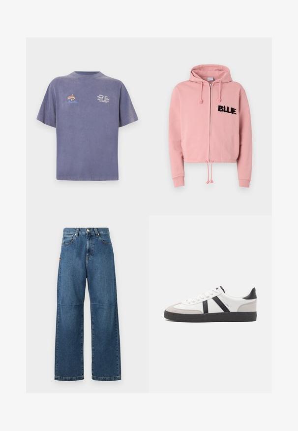 Φωτεινό ροζ cropped hoodie με μπροστινό φερμουάρ, κορδόνι και δύο μπροστινές τσέπες. Διαθέτει μαύρη φουντωτή επιγραφή "BLUE" και κρυστάλλους.; Μωβ βαμβακερό T-shirt με κέντημα ψαριού και κείμενο στο μπροστινό μέρος. Κοντά μανίκια και άνετη εφαρμογή. Λείο υφή.; Μπλε τζιν παντελόνι με χαλαρή γραμμή, ίσια πόδια, εμφανή ραφή και κλείσιμο με κουμπί μπροστά. Διαθέτει πλαινόν τσέπη με διακοσμητικό στοιχείο.; Λευκό αθλητικό παπούτσι με μαύρες και γκρί λεπτομέρειες, featuring ένα υφή γκρί καλύμμα δαχτύλου, μαύρη καουτσούκ σόλα και επίπεδες λευκές κορδόνες. Καθαρός σχεδιασμός, μινιμαλιστικό στυλ.