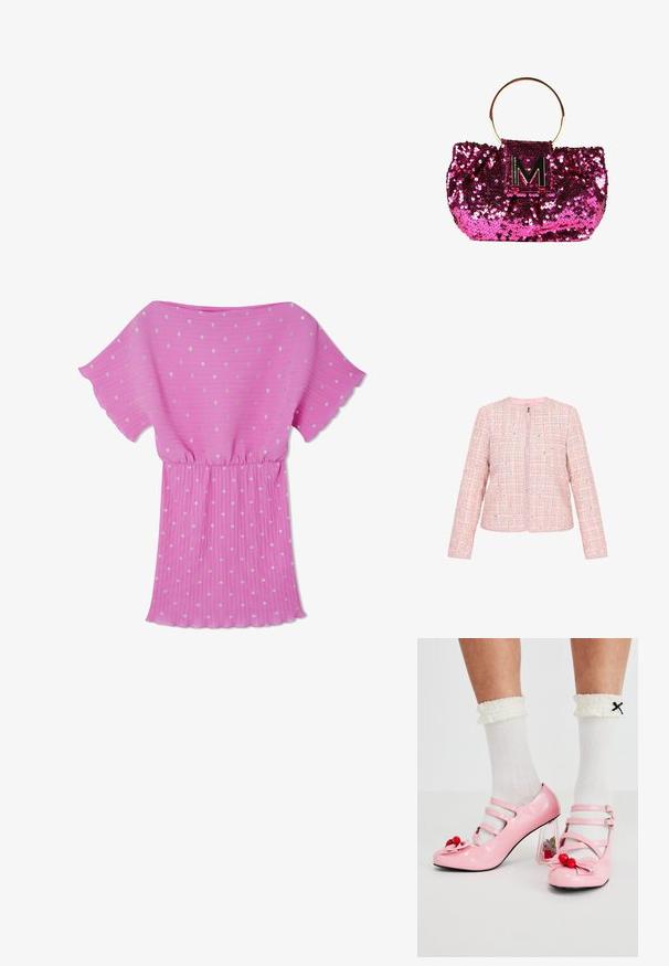 Chaqueta de tweed rosa con un patrón texturizado, acentos ligeramente brillantes, escote redondo y cierre con cremallera en la parte delantera. Mangas largas.; Vestido rosa con plisados y mangas cortas en forma de volantes, adornado con puntos plateados en toda su superficie y una cintura elástica para un ajuste relajado.; Tacones de charol rosa con punta redondeada, tres tiras y adornos de cereza. El tacón bloque transparente presenta acentos florales. Calcetines blancos con relieve.; Bolso de mano de lentejuelas rosas con un asa circular dorada y un logo con acentos en negro que presenta una "M". La textura es brillante y reflectante.