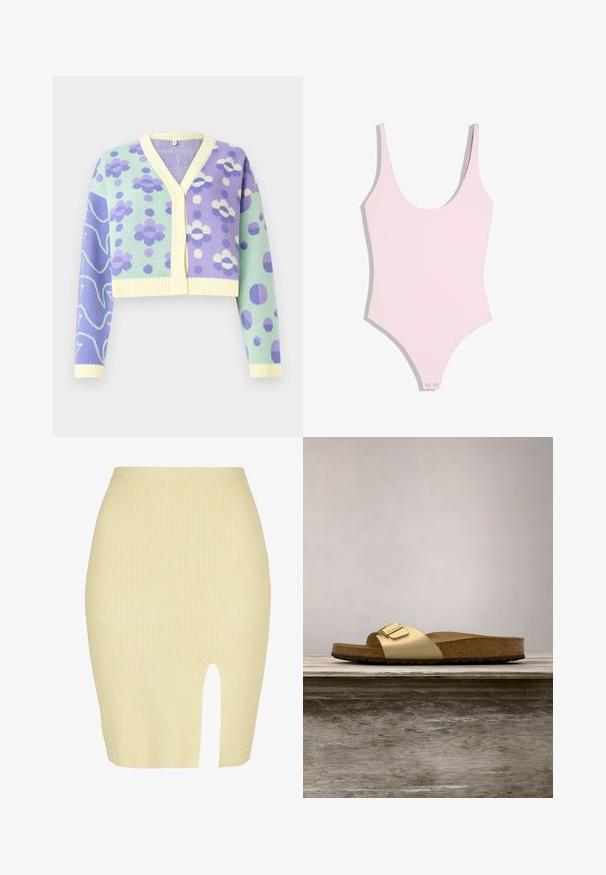 Pastelfarvet kort cardigan med V-hals, knaplukning foran og blandede blomster- og prikmønstre i lilla, lavendel og mintgrøn.; Lyserød ærmeløs bodystocking med rund halsudskæring og trykknapper ved skridtet mod hvid baggrund.; Ribbet midi nederdel i lysegul med slidsdetalje foran, der har en tætsiddende silhuet og en blød tekstur.; Gyldne syntetiske slidesandaler med en enkelt rem og spændeaccent, der har en brun korksål og en tekstureret gummisål.