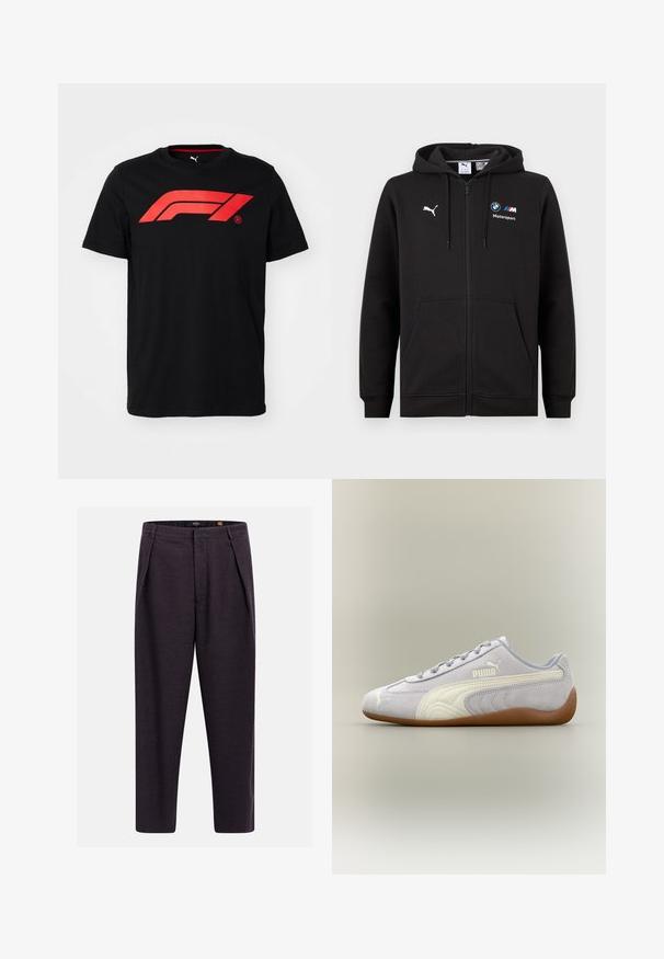 Sudadera negra con cremallera completa, capucha y bolsillos frontales, con el logo blanco de Puma y los logos de BMW M Motorsport en el pecho.; Camiseta de algodón negra que presenta un gran logo rojo de Fórmula 1 en el frente. Cuello redondo y mangas cortas, textura suave.; Pantalones a medida de color gris oscuro con trabillas para cinturón, pinzas delanteras y corte recto.; Zapatilla de deporte Puma de ante gris claro con detalle de raya blanca y suela de goma, vista desde el lateral exterior sobre un fondo neutro.