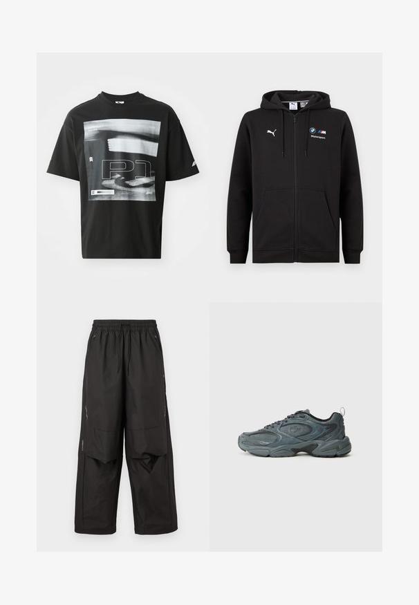 Zwarte hoodie met volle rits, capuchon en zakken aan de voorkant, met wit Puma-logo en BMW M Motorsport-logo's op de borst.; Zwarte katoenen T-shirt met een grafische print met tekst elementen, waaronder "FORMULA 1 RACING" en "P1". Ronde hals en korte mouwen.; Zwarte losvallende broek met elastische tailleband, voorzakken met rits, kniepaneeltjes en subtiele reflecterende details aan de zijkanten.; Grijze sportieve schoen met een gestructureerde bovenkant, ronde neus en dikke zool met zwarte accenten. Voorzien van veters en een trekband op de hiel.