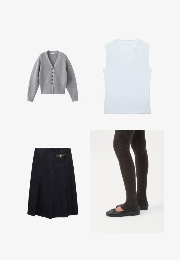 Cardigan gris avec col en V, manches longues et fermeture à boutons sur le devant. Confectionné en matière douce avec des accents côtelés aux poignets et à l'ourlet.; Débardeur sans manches en coton blanc avec encolure ronde et un design simple et uni.; Jupe en denim foncé avec une taille ajustée, détail de boucle sur le côté, design plissé et une silhouette légèrement évasée. Coutures décoratives sur l'ensemble.; Jambes portant des leggings côtelés foncés associés à des ballerines noires avec de petits détails en nœud sur fond blanc.
