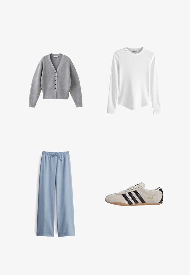 Grau melierter Cardigan mit V-Ausschnitt, langen Ärmeln und Knopfleiste vorne. Gefertigt aus weichem Material mit gerippten Akzenten an Bündchen und Saum.; Weißes, langärmeliges, geripptes Top mit rundem Ausschnitt und leicht geschwungenem Saum, dargestellt vor einem einfarbigen weißen Hintergrund.; Helle blaue weite Hosen aus glattem Stoff, mit einem elastischen Bund und Kordelzug, ohne sichtbare Taschen oder zusätzliche Details.; Wildledersneaker mit grauem Obermaterial, schwarzen Streifen und einer Gummisohle. Verfügt über einen Schnürverschluss und ein goldfarbenes Logodetail an der Seite.