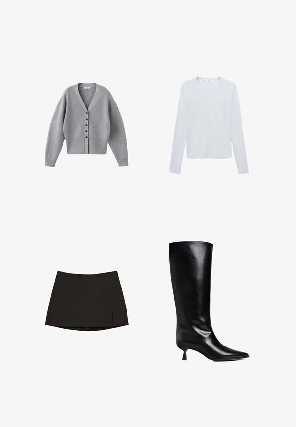 Cardigan gris avec col en V, manches longues et fermeture à boutons sur le devant. Confectionné en matière douce avec des accents côtelés aux poignets et à l'ourlet.; T-shirt blanc en coton à manches longues avec encolure ronde, ourlet droit et coutures minimales, posé à plat sur fond blanc.; Mini-jupe noire en tissu lisse, avec une coupe droite, des fentes latérales et un ourlet net. Simple et polyvalente.; Boot en cuir noir, montant jusqu'au genou, avec un bout pointu, une silhouette élancée et un talon carré bas, le tout avec une finition brillante.