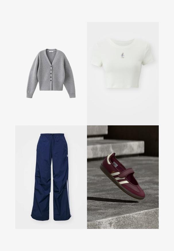 Grijze cardigan met een V-hals, lange mouwen en een knoopsluiting aan de voorkant. Gemaakt van zacht materiaal met geribbelde accenten bij de manchetten en zoom.; Geknipt wit t-shirt gemaakt van zachte stof, met een kleine geborduurde cartoonfiguur op de borst, korte mouwen en een ronde halslijn.; Navyblauwe, lichtgewicht broek met elastische taille en trekkoord, voorzien van witte zijstrepen en een klein logo aan de voorkant. Losse pasvorm.; Donkerrode sportschoen met een klittenbandsluiting, witte zijstrepen, een gestructureerde rubberen zool en een glad bovenmateriaal. Verstelbare pasvorm met een gevoerde binnenkant.