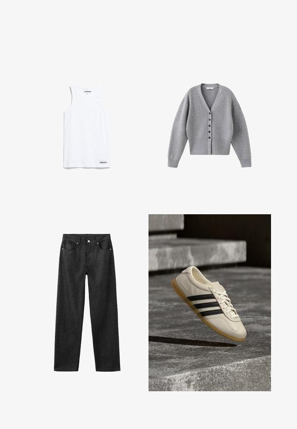 Grau melierter Cardigan mit V-Ausschnitt, langen Ärmeln und Knopfleiste vorne. Gefertigt aus weichem Material mit gerippten Akzenten an Bündchen und Saum.; Weißes Tanktop aus Baumwolle. Verfügt über breite Träger und einen abgerundeten Halsausschnitt. Enthält ein kleines Markenlabel unten links.; Schwarze Jeans mit geradem Bein, fünf Taschen, silberner Hardware und glatter Textur.; Weißer Sneaker mit schwarzen Streifen und Gummisohle schwebt über Betontreppen im sanften Tageslicht.