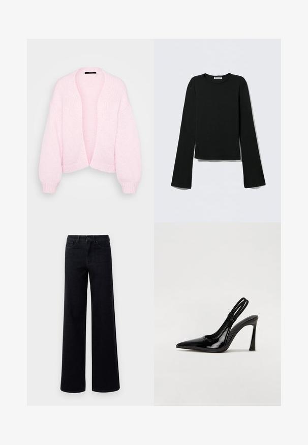 Lyserød strikket cardigan med løs pasform, åben front og vide ærmer. Tekstureret stof med ribstrikkede manchetter og kant.; Sort langærmet top lavet af blødt stof. Har rund halsudskæring og flared ærmer med cropped kant. Labelen siger "WEEKDAY."; Bredde ben sorte denim jeans med høj talje, der har standardlommer og knaplukning. Glat tekstur med en let stræk.; Sorte patenterede lædersædler med spidse tæer, slank høj hæl og dobbelt elastisk rem for sikker pasform. Glat, skinnende overflade.