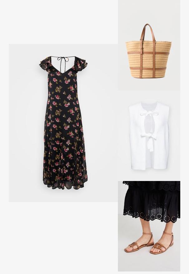 Hvid ærmeløs vest med et tekstureret stof, der har en rund halsudskæring og en frontknude. Enkel, ren design med åbne sider.; Sort blomsterkjole med ruffleærmer, dyb V-hals og snørelukning. Har pink og gule blomster på et letvægtsstof. Midi-længde.; Lysbrune lædersandaler med flad sål, der har strukturerede stropper og en justerbar ankelspænde, parret med en sort øjet nederdel.; Stor beige flettet tote-taske med to brune læderstropper og vandrette brune læderbånd på en ensfarvet baggrund.