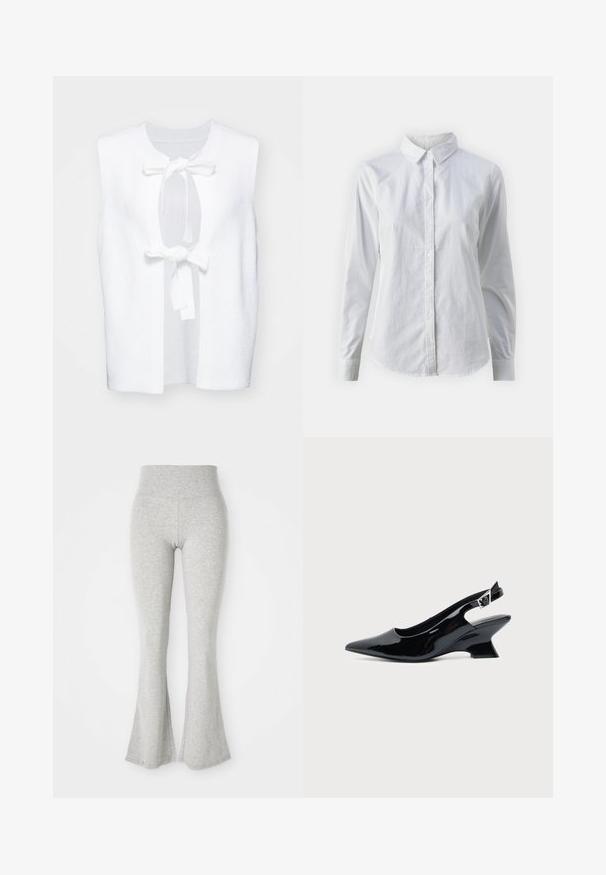 Weißes ärmelloses Top aus strukturiertem Stoff, mit rundem Halsausschnitt und einem vorderen Knotenverschluss. Einfaches, klares Design mit offenen Seiten.; Weißes Hemd mit Knöpfen, aus glattem Baumwollstoff, mit klassischem Kragen, langen Ärmeln und abgerundetem Saum. Die Knöpfe sind klein und weiß.; Graue, ausgestellte Leggings aus weichem Material, mit einem elastischen Bund und einer glatten Textur, die am Saum zur Ausstülpung hin auslaufen.; Schwarzer Slingback-Schuh aus Lackleder mit spitzer Spitze und niedrigem, schrägem Blockabsatz auf einfachem hellem Hintergrund.