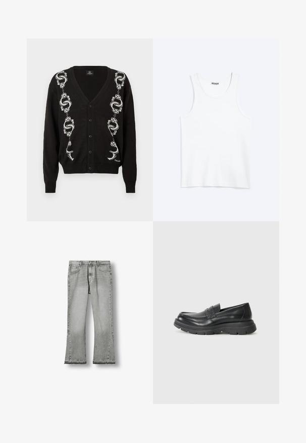 Cardigan noir à boutons avec des motifs de serpent et de dés blancs courant verticalement des deux côtés de l'avant.; Débardeur blanc sans manches avec col rond et étiquette de la marque Weekday à l'intérieur du col arrière, présenté à plat sur un fond clair.; Jean gris à jambes larges avec poches avant et arrière, passants de ceinture, fermeture par bouton et ourlet brut.; Chaussure noire en cuir à enfiler avec un design mocassin, embout arrondi, semelle en caoutchouc épaisse et subtil détail de couture sur la partie supérieure.