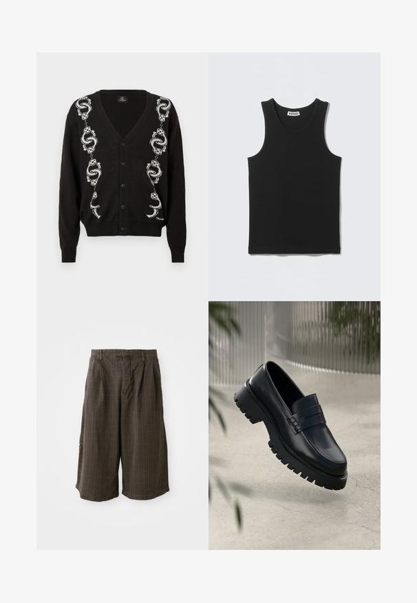 Sort knapcardigan med hvide slange- og terningemønstre, der løber lodret på begge sider af fronten.; Sort ærmeløs ribbet tanktop med rund halsudskæring og Weekday-mærke på inderkraven bagpå.; Brune stribede shorts med en løs pasform. Fremstillet af letvægtsstof, med plisseringer og en opsmøget kanten for ekstra detaljer.; Sorte læder loafers med en chunky sål, der har en dekorativ rem og syninger. Glat tekstur med en poleret overflade.