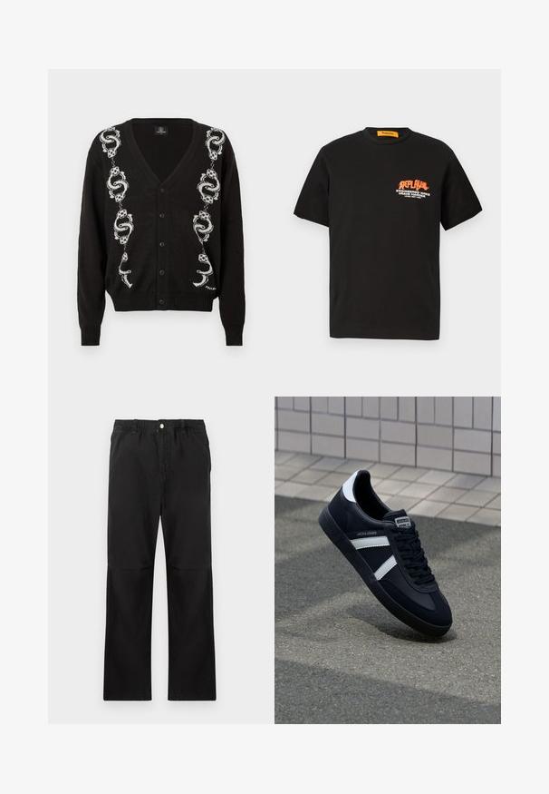Cárdigan negro de botones con patrones de serpiente blanca y dados que recorren verticalmente ambos lados del frente.; Camiseta de algodón negra con mangas cortas, que presenta un diseño gráfico de texto en naranja y blanco en la parte delantera. Cuello redondo, ajuste relajado.; Pantalones negros de algodón con una cintura elástica, que cuentan con un diseño de pierna recta, textura suave y sin acentos ni patrones visibles.; Zapatilla de cuero negra con rayas blancas, suela de goma texturizada y parte frontal con cordones. Cuenta con una etiqueta de marca en la lengüeta.