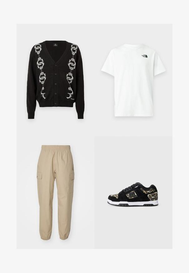 Zwarte knoop cardigan met witte slang- en dobbelsteenpatronen die verticaal aan beide zijkanten van de voorkant lopen.; Wit katoenen T-shirt met korte mouwen en een ronde hals, met een klein zwart logo van The North Face op de linkerborst.; Beige cargo pants met een elastische tailleband, taps toelopende benen en zijzakken. Glad stof met een licht gestructureerde textuur.; Zwarte suède sneaker met een camouflagemotief aan de zijkant, witte tussenzool en zwarte rubberen zool. Bevat veters en logo-details aan de zijkant.