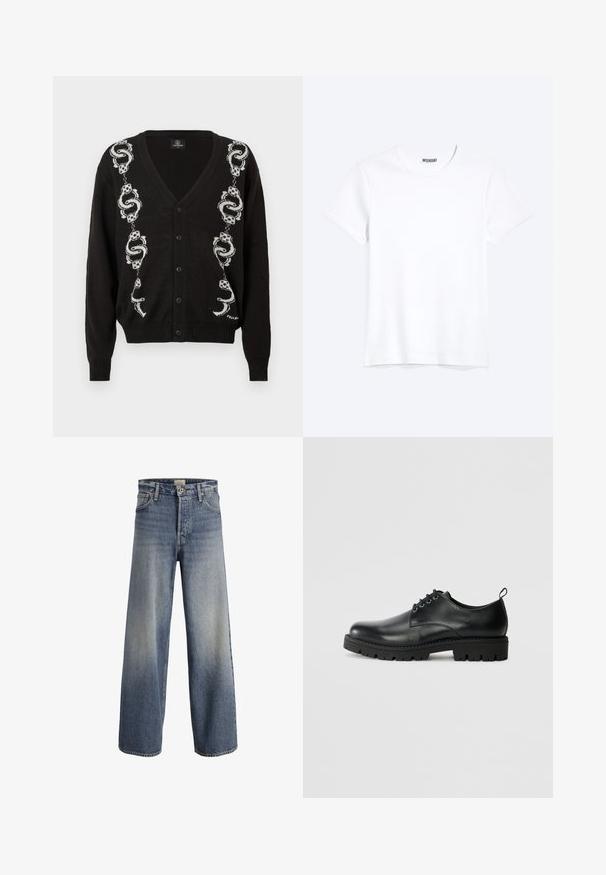 Schwarze Strickjacke mit Knöpfen und weißen Schlangen- sowie Würfelmustern, die vertikal an beiden Seiten der Vorderseite verlaufen.; Schlichtes weißes T-Shirt mit kurzen Ärmeln und Rundhalsausschnitt mit gut sichtbarem WEEKDAY-Label am Kragen, dargestellt auf hellem Hintergrund.; Helle blaue Schlagjeans aus Denim. Sie verfügen über eine hohe Taille, einen Knopfverschluss und subtile Ausbleichungen mit einer glatten Textur und genähten Nähten.; Schwarze Lederschuhe mit runder Zehenform, ausgestattet mit einer Schnürung, robustem schwarzen Gummisohle und einer kleinen Fersenschlaufe auf der Rückseite.