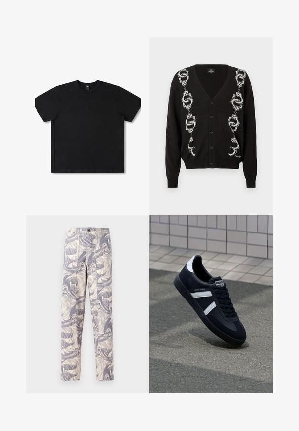 Sort knapcardigan med hvide slange- og terningemønstre, der løber lodret på begge sider af fronten.; Sort kortærmet t-shirt lavet af bomuld med rund hals, med et diskret logo i midten og en afslappet pasform.; Lett, cremede bukser med et blåt abstrakt bølgemønster. De har en lige pasform med to forkastede folder og en knaplukning.; Sort lædersneaker med hvide striber, tekstureret gummisål og snørrebånd foran. Har et brandet mærke på tungen.