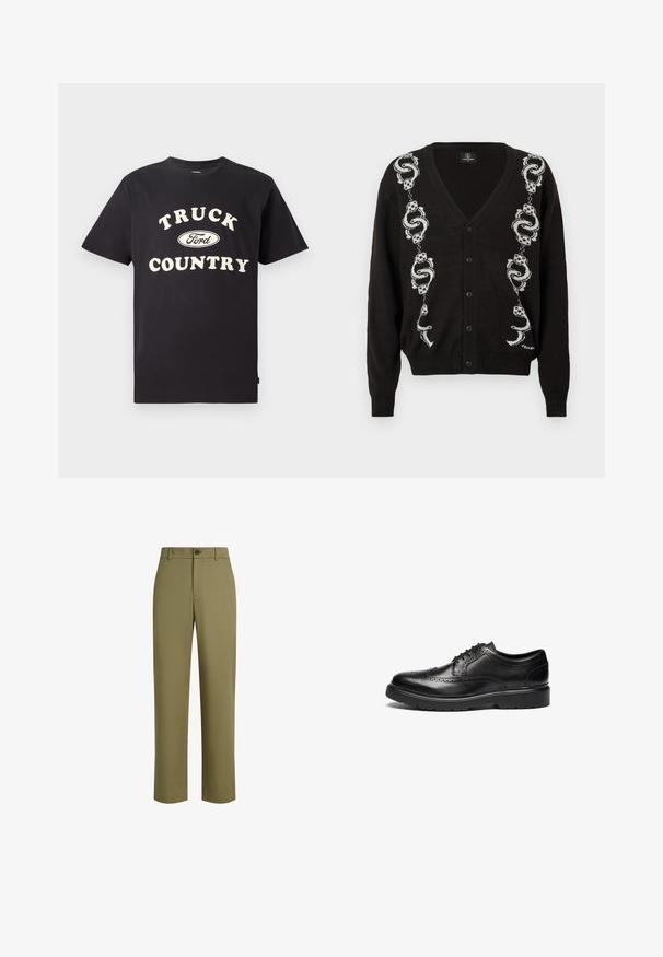 Schwarze Strickjacke mit Knöpfen und weißen Schlangen- sowie Würfelmustern, die vertikal an beiden Seiten der Vorderseite verlaufen.; Schwarzes Baumwoll-T-Shirt mit kurzen Ärmeln, das "TRUCK COUNTRY" in cremigem Text und einem Ford-Logo-Design auf der Vorderseite zeigt.; Olivgrüne Hose aus glattem Stoff, mit geradem Beinansatz, einem einzigen Knopfverschluss und einer dezenten Textur.; Schwarze Leder-Dressschuhe mit Broguedetails, runder Zehenform und strukturiertem Sohlen. Verfügt über klassische Schnürung und einen stabilen Absatz für Unterstützung.