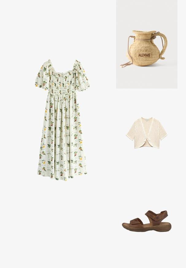 Kremfarvet kortærmet hæklet cardigan med åben front bundet med sløjfe, med et løst, luftigt strikkemønster.; Hvid maxikjole med puffede ærmer, smocked krop og flerfarvede blomster- og frugtmønstre med kursiv skrift.; Brune lædersandaler med en polstret sål, to justerbare stropper og en struktureret gummisål. Har synlige syninger.; Rund flettet stråtaske med håndtag af reb og "ALEMAIS" broderet på siden med brunt garn.