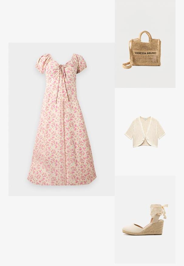 Kremfarvet kortærmet hæklet cardigan med åben front bundet med sløjfe, med et løst, luftigt strikkemønster.; Creme midi-kjole med puffede ærmer, pink blomsterprint, rynket balkonette og bindedetalje foran i midten.; Beige espadrille kile med overdel i kanvas, åben tå og bløde båndsnore. Teksturiseret jutekile med et fletmønster.; Vævet beige håndtaske med to håndtag, lang rem, åben vævning og "VANESSA BRUNO" broderet i sort på forsiden.