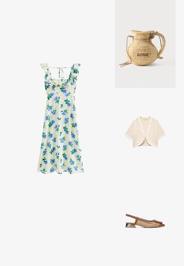 Kremfarvet kortærmet hæklet cardigan med åben front bundet med sløjfe, med et løst, luftigt strikkemønster.; Cremefarvet ærmeløs midi-kjole med blå blomstermønster, flæset firkantet halsudskæring og bindebånd bagpå.; Brun slingback-sko med vævet tekstur og glat læder. Har en flad metallisk hæl og dekoreret snoet detalje ved tåen.; Rund flettet stråtaske med håndtag af reb og "ALEMAIS" broderet på siden med brunt garn.