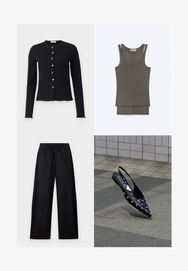 Cardigan noir à manches longues en côtelé avec un col rond, comportant six boutons blancs et un ourlet festonné aux poignets et en bas.; Débardeur vert olive sans manches avec encolure dégagée et petite étiquette WEEKDAY à l'intérieur de l'encolure, posé à plat sur un fond blanc.; Pantalons larges noirs avec une taille élastique et un cordon de serrage. Fabriqués en tissu léger, présentant une texture lisse et un design simple.; Chaussure slingback noire pointue en matériau lisse, ornée de clous argentés, avec une semelle plate et un logo sur la semelle intérieure.