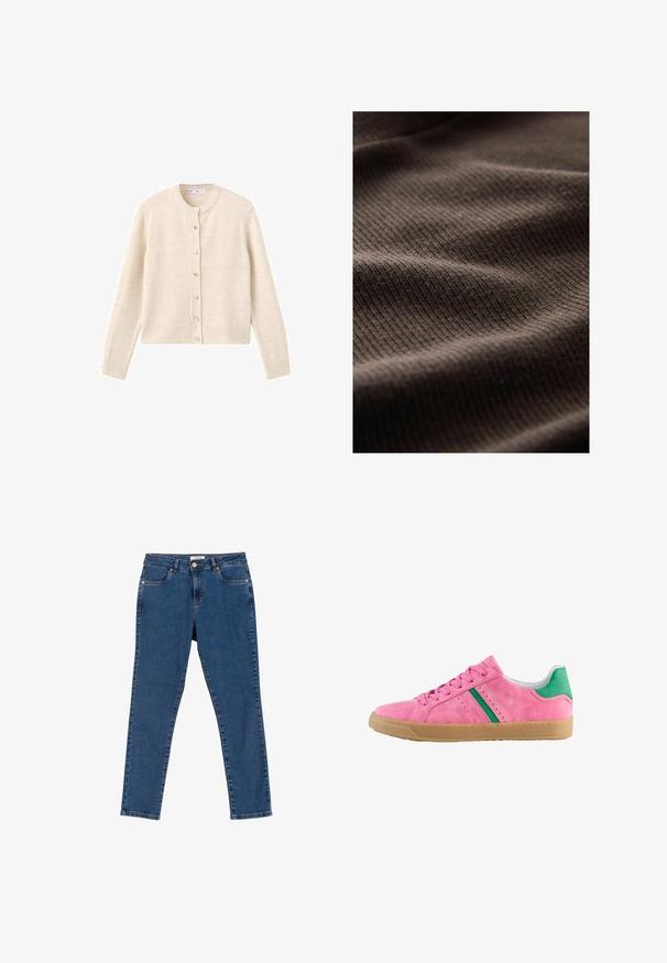 Lys beige cardigan med rund hals, lange ærmer og knapper foran. Fremstillet af blødt materiale med en let struktureret overflade.; Brun ribbet stof med en struktureret overflade, der har bløde ribber og en subtil glans, som viser et glat, flydende udseende.; Blå højtaljede slim fit-jeans med forlommer, bæltestropper og knaplukning, lagt fladt på hvid baggrund.; Lyserød ruskinds sneaker med grøn hælaccent og striber. Har rund tå, snørebånd foran og gummigummi sål. Perforerede detaljer på siderne.