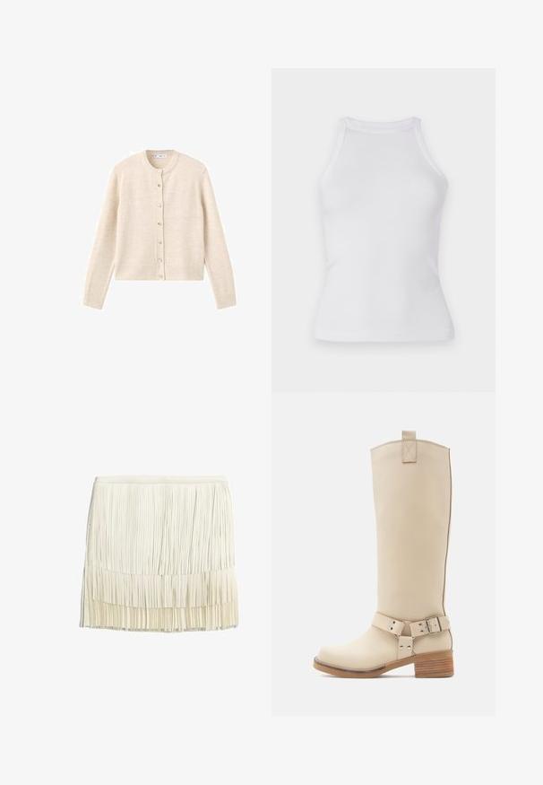 Lys beige cardigan med rund hals, lange ærmer og knapper foran. Fremstillet af blødt materiale med en let struktureret overflade.; Hvid ribbet top med en tætsiddende design, rund halsudskæring og uden ærmer. Fremstillet af strækbart stof for komfort og bevægelsesfrihed.; Fritskørt i creme, fremstillet af lagdelte stofstrimler. Har et tætsiddende taljebånd og et struktureret, lagdelt design med lodrette frynser.; Beige knæhøj støvle lavet af glat læder med en sidebøjlespænde, kontrasterende træhæl og en solid bagklap øverst.