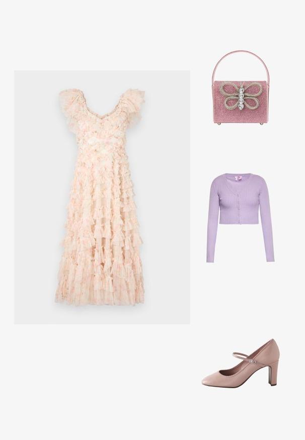 Lila geribbelde korte cardigan met lange mouwen, V-hals en vijf knopen aan de voorkant.; Needle & Thread DITSY LOLA BACKLESS BALLERINA DRESS - Cocktailjurk - moonshine pink; Roze leren hoge hak met een afgeronde teen, enkelbandje en gegolfde rand. Voorzien van een smalle blokhak voor extra ondersteuning.; Roze sprankelende handtas met een opvallend vlinderontwerp en strassteentjes, rechthoekige vorm en een platte handvat.