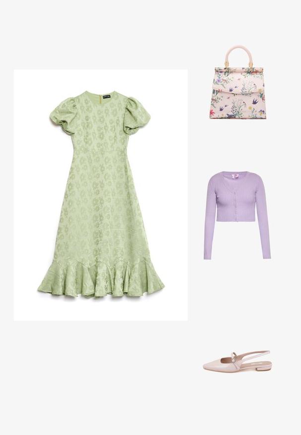 Fliederfarbige, gerippte, kurz geschnittene Strickjacke mit langen Ärmeln, V-Ausschnitt und fünf Knöpfen vorne.; Mintgrünes Kleid mit Puffärmeln, floral strukturiertem Stoff und ausgestelltem, rüschengesäumtem Saum. Verfügt über einen Reißverschluss auf der Rückseite zur Schließung.; Desa Klassischer Ballerina - pink; Blumendruck-Handtasche mit einem weichen, pinkfarbenen Synthetik-Außenmaterial, strukturiertem Design, gebogenem Griff, goldenen Beschlägen und Klappenverschluss.